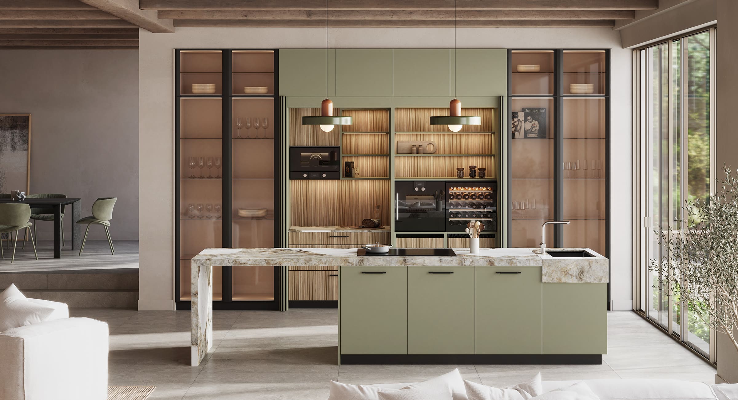 Cocina de diseño con muebles verdes, isla de encimera marmoleada y vitrinas de cristal con electrodomésticos integrados.