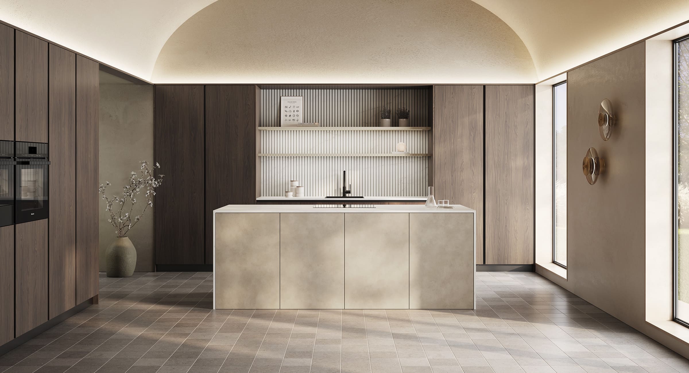Cocina elegante de líneas rectas, con isla lisa en crema y muebles altos en madera oscura.